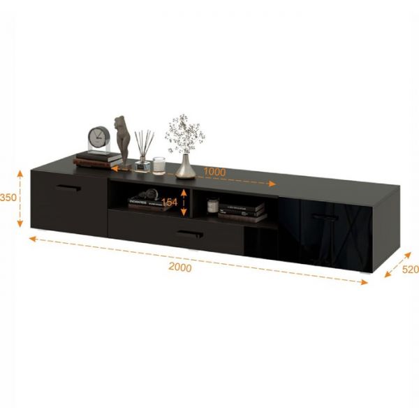 Тумба под ТВ Николь, 2000х520х350, Черный глянец/Черный