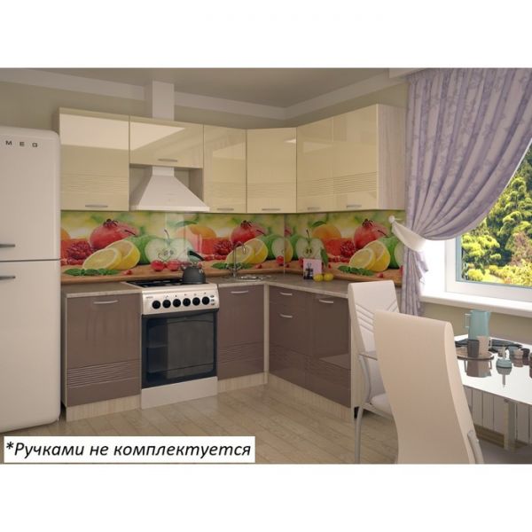 Кухонный гарнитур угловой Волна 15, 2100х1600 мм, Ваниль глянец/Капучино