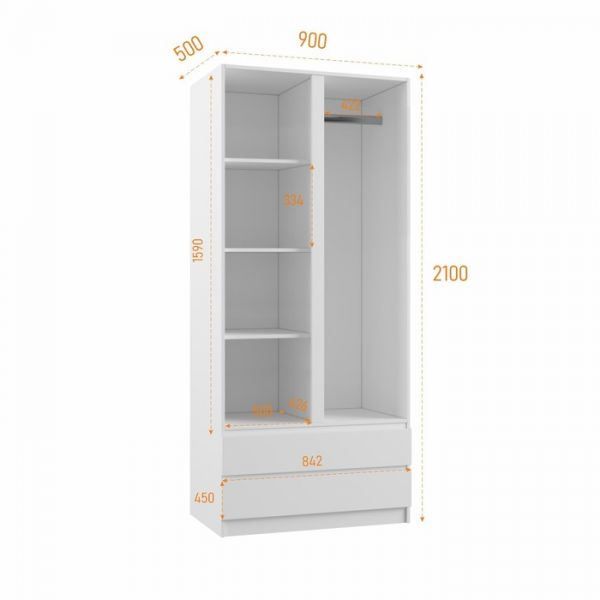 Шкаф 2х ств Мадера с 2-мя ящиками, 900х500х2100, Белый