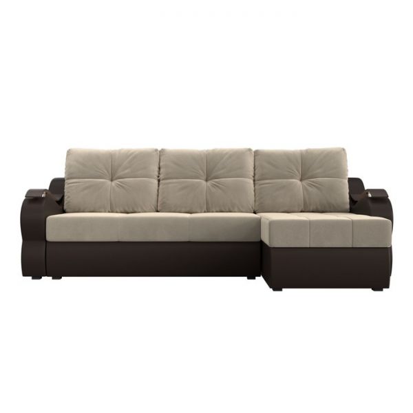 Угловой диван «Меркурий», еврокнижка, микровельвет, цвет бежевый / коричневая экокожа