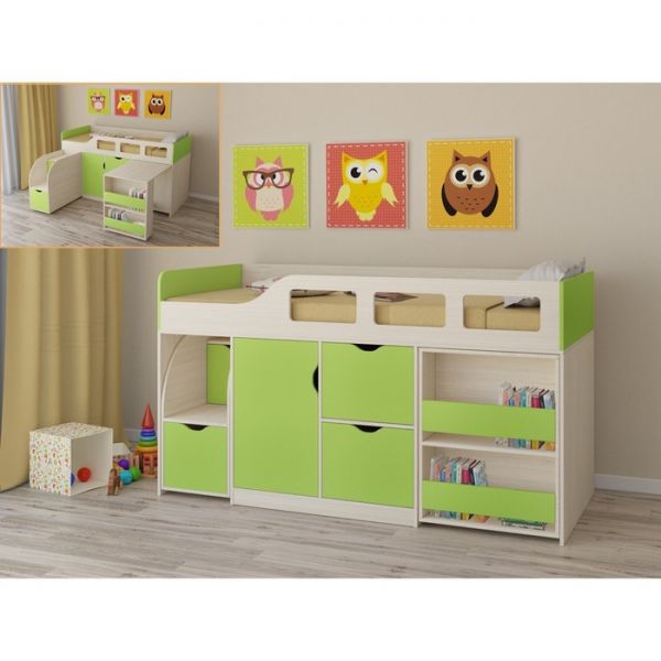 Детская кровать-чердак «Астра 8», цвет дуб молочный/салатовый