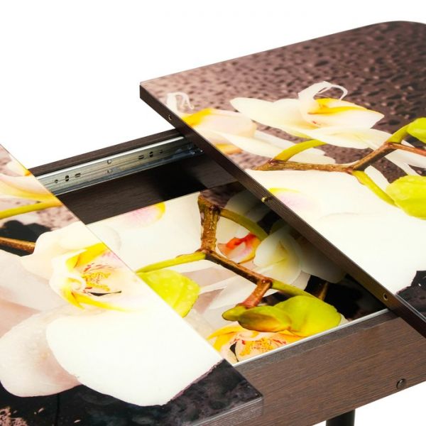 Стол раздвижной с фп Орхидея белая 1100/1500х700х777  стекло/пояс венге/ноги чёрн. прямые