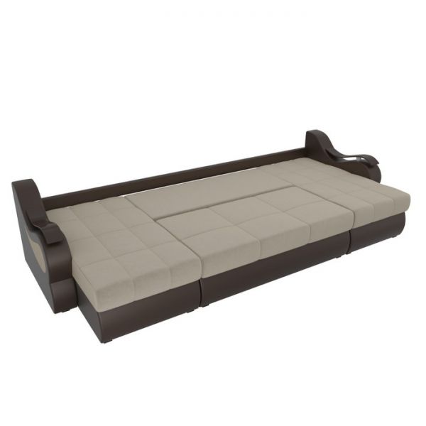 П-образный диван «Меркурий», механизм еврокнижка, микровельвет, цвет бежевый / коричневый