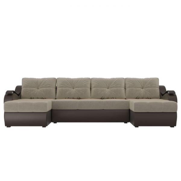 П-образный диван «Меркурий», механизм еврокнижка, микровельвет, цвет бежевый / коричневый