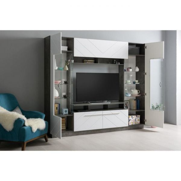 Гостиная Орлеан 15.95, ниша 1332х860, 2350х381х2003, Камень темный/Белый глянец МДФ