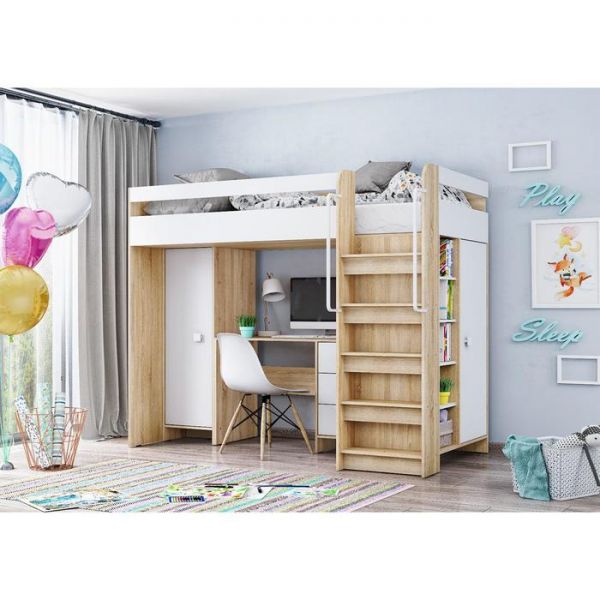 Кровать чердак с рабочим местом Д-3 2000*800 Белый/Дуб Сонома