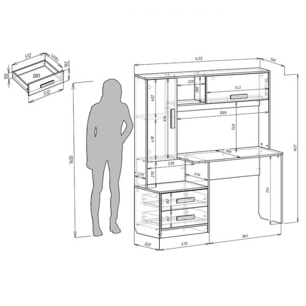 Стол компьютерный Альянс 8, 1450х570х1600, Дуб молочный