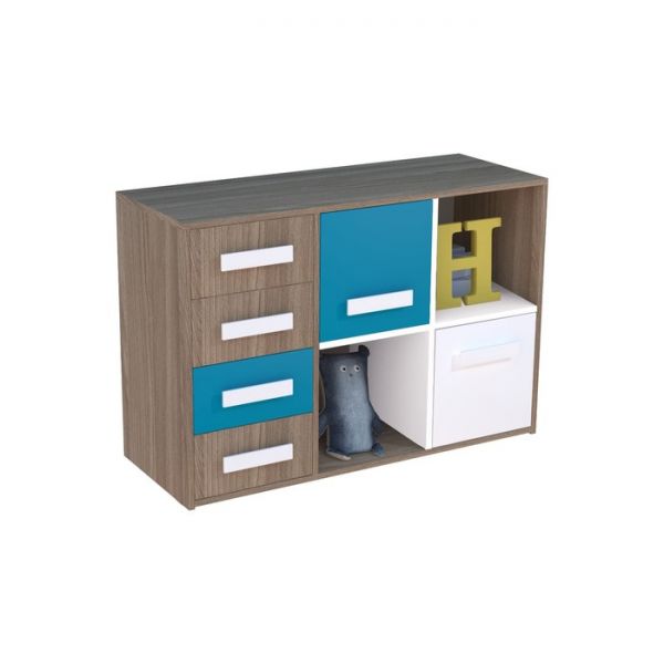 Тумба Юниор левая 4 ящика и двери 1056х400х714 Ясень шимо темный/Белая Аляска/Индиго