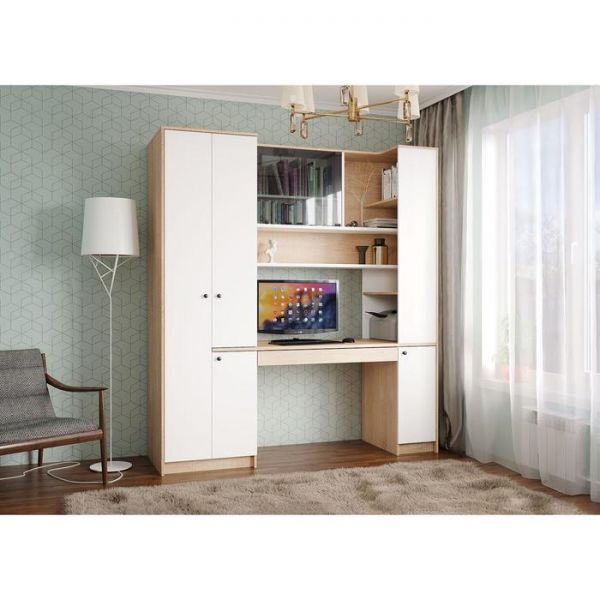 Стол компьютерный с системой хранения Микс 12.92, 1900х591х2103, Дуб сонома/Белый шагрень