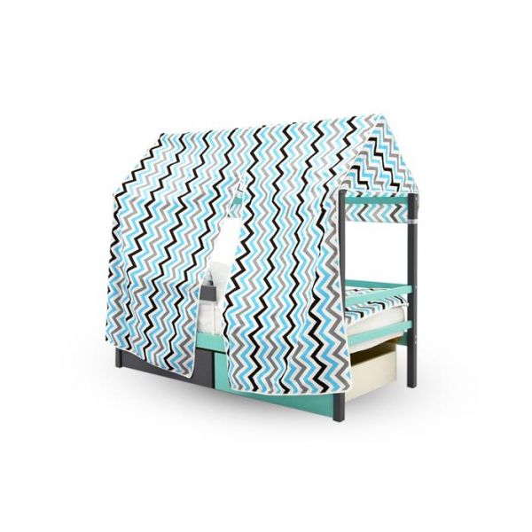 Крыша текстильная Бельмарко для кровати-домика Svogen зигзаги,графит, бирюза, серый