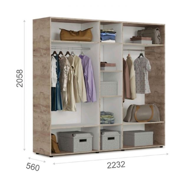 Шкаф «Джулия», 5-ти дверный с 3 зеркалами, 2232 ? 560 ? 2058 мм, крафт серый/белый глянец