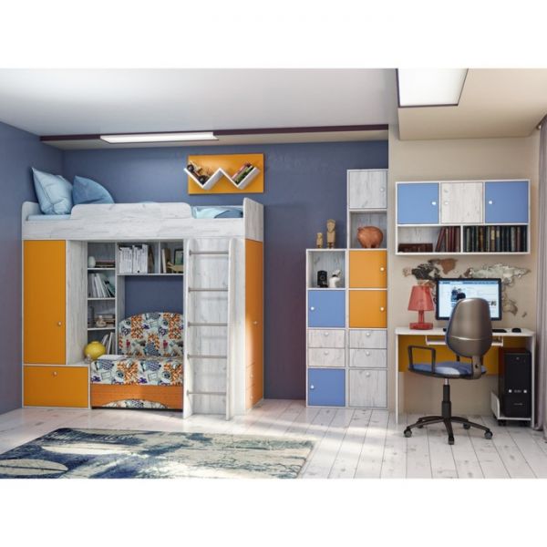 Кровать 2000 Тетрис 347М, 2038х838х671, Дуб белый крафт/Капри синий