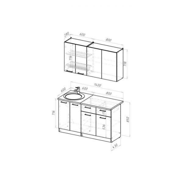 Кухонный гарнитур Паола медиум 1400х600 Белый/Кантри/Дуб грей, Дуб браун