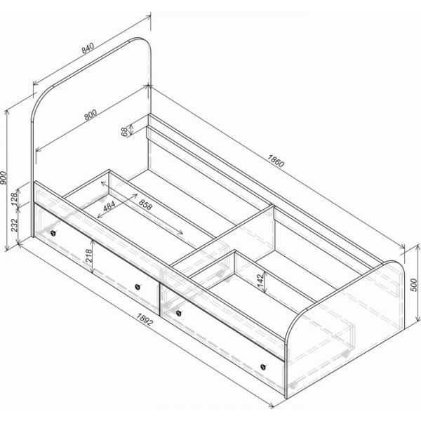 Кровать Малибу с двумя ящиками 800х1860 ясень белый/айскрим с фотопечатью