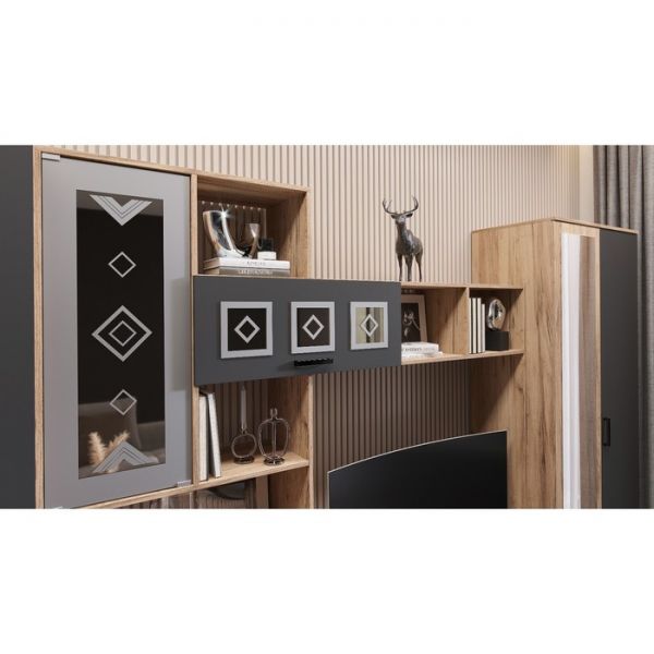 Гостиная Белла с шкафом и комодом, 3200х470х2120, Графит/Дуб крафт