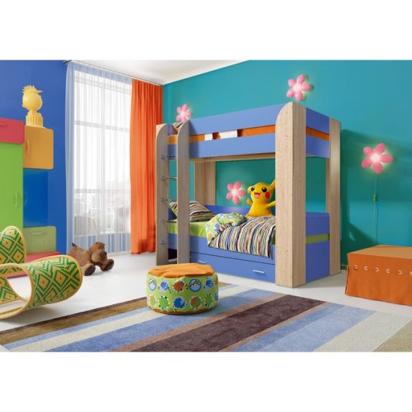 Кровать детская «Юниор-6», с ящиком, 1974 ? 1038 ? 1750 мм, цвет ясень шимо светлый/синий