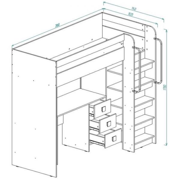 Кровать чердак с рабочим местом Д-3 2000*800 Белый/Дуб Сонома