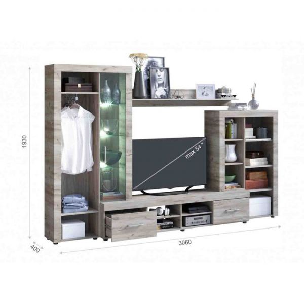 Гостиная «Джерси», без подсветки, 3060 ? 400 ? 1930 мм, цвет дуб крафт серый