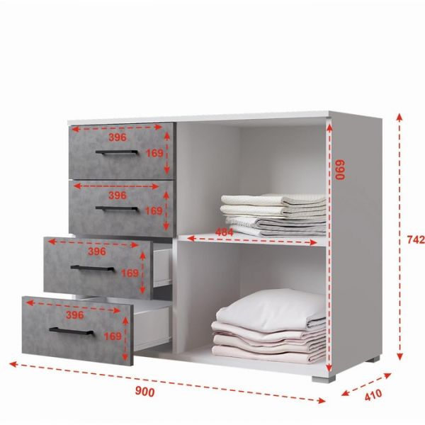 Комод Nova, 900х410х742, Белый/Бетон