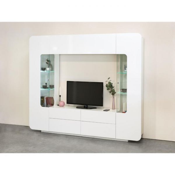 Гостиная Румба 2 13.07, 2200х382х1843, размер ниши 1300х1000, Белый глянец МДФ/ Белое тиснение ЛДСП