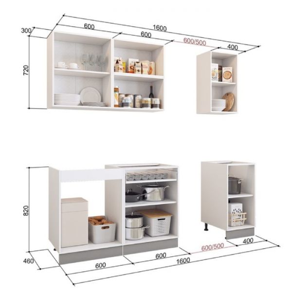 Кухонный гарнитур Стоун 1600х600 белый/камень темно-серый/акация светлая