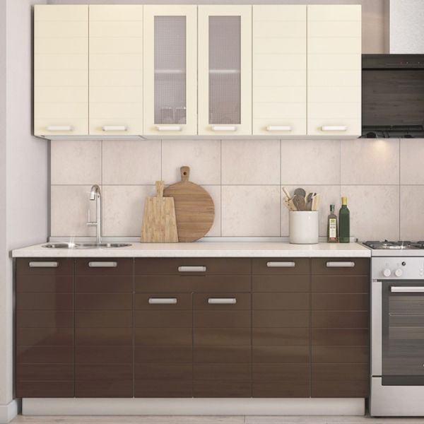 Кухонный гарнитур Виктория 1800х600 белый/крем глянец/шоколад глянец