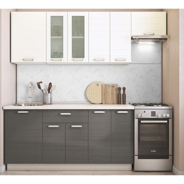 Кухонный гарнитур Виктория 2200х600 белый/белый металлик/графит металлик