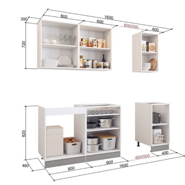Кухонный гарнитур Бостон 1600х600 белый/крем глянец/дуб скальный глянец