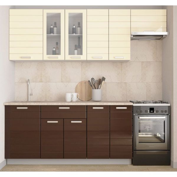 Кухонный гарнитур Виктория 2200х600 белый/крем глянец/шоколад глянец