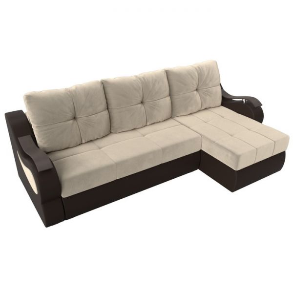 Угловой диван «Меркурий», еврокнижка, микровельвет, цвет бежевый / коричневая экокожа