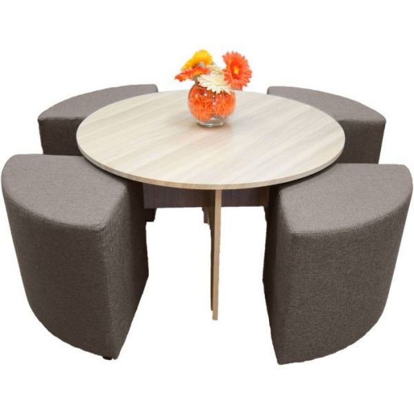 Стол круглый 850х850х500 Дуб молочный с пуфами Coffe