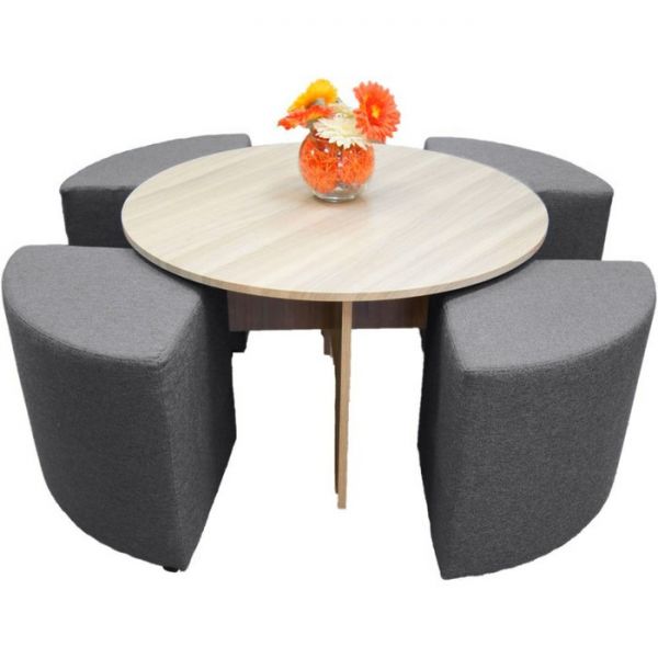 Стол круглый 850х850х500 Дуб молочный с пуфами Gray