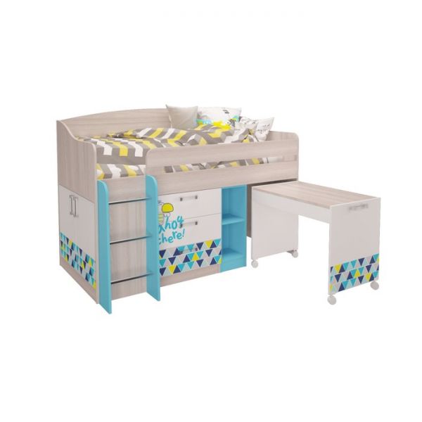 Кровать-чердак «Джимми», «ясень светлый» / «топаз» / белый, фотопечать