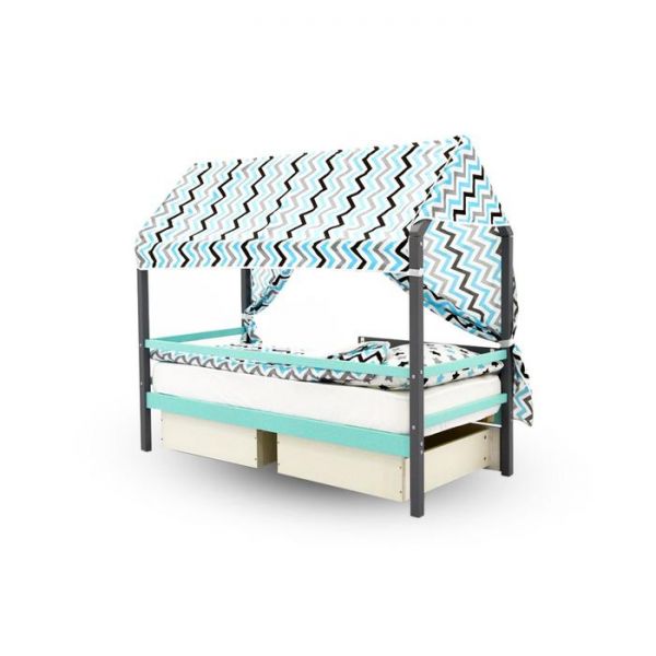 Крыша текстильная Бельмарко для кровати-домика Svogen зигзаги,графит, бирюза, серый