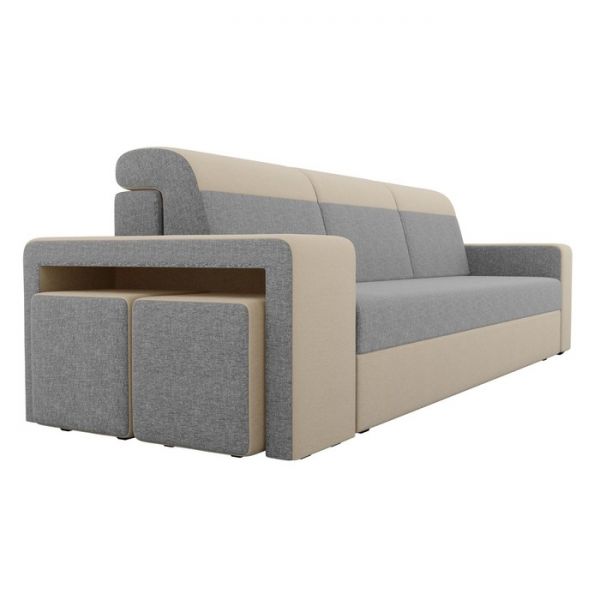Диван прямой «Модена» с двумя пуфами, механизм еврокнижка, рогожка, цвет серый / бежевый
