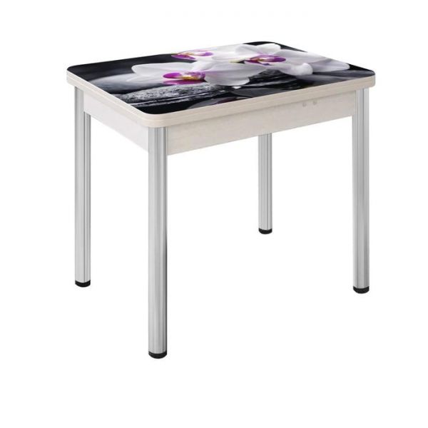 Стол поворотно-раскладной "Ника", Орхидея 3, покрытие стекло, подстолье белёный дуб