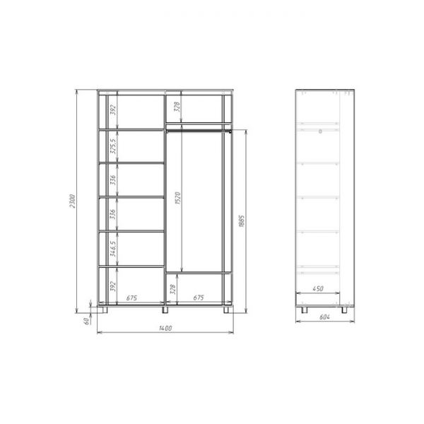 Шкаф-купе Удачный 2 зеркала 1400х600х2300 Венге Темный
