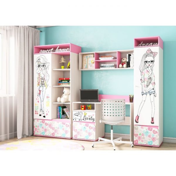 Пенал с ящиком ПН-13 Алиса 1960х450х520 Белый/корпус Ясень Анкор Белый/ Розовый