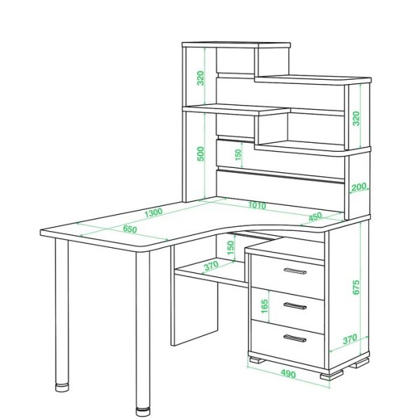 Стол СР-132, угол правый с надстройкой, 1300 ? 1010 ? 1640 мм, цвет белый жемчуг